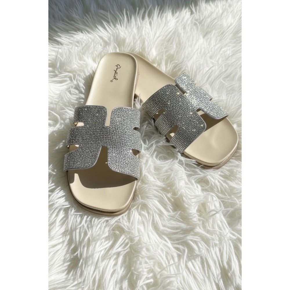 Qupid Rhinestone Slide Sandals | Sparkly Slip On Flat Shoes - Picture 4 of 6